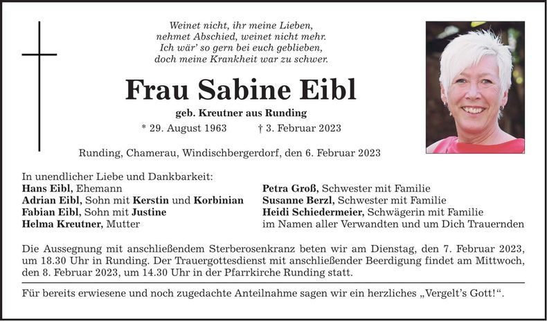 Traueranzeige Sabine Eibl