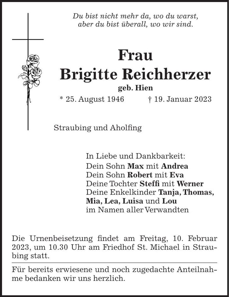 Traueranzeige Brigitte Reicherzer