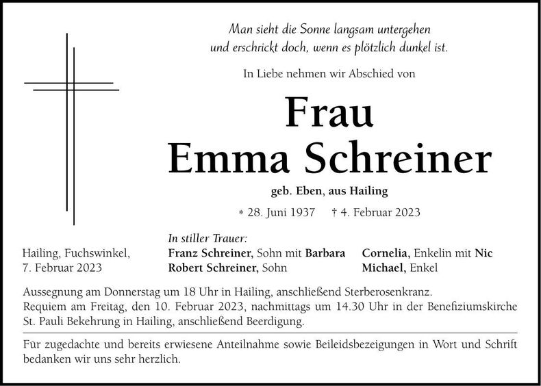 Traueranzeige Emma Schreiner