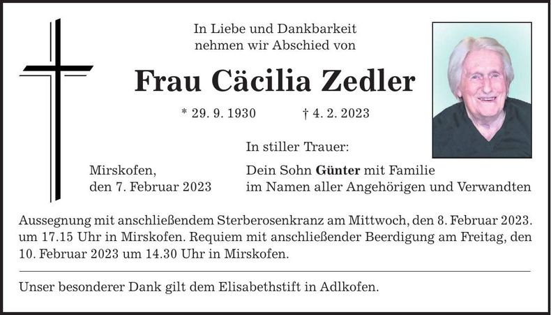 Traueranzeige Cäcilia Zedler