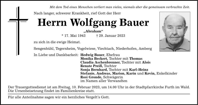 Traueranzeige Wolfgang Bauer