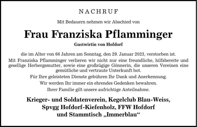 Traueranzeige Franziska Pflamminger