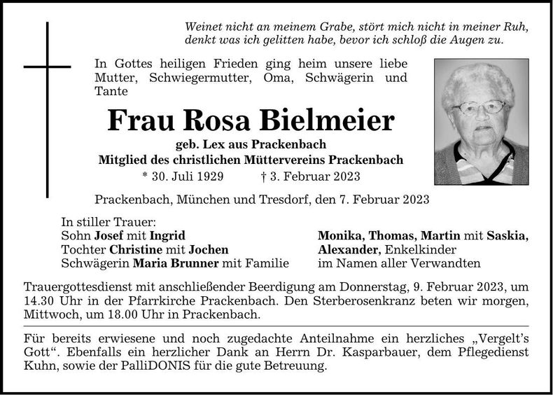 Traueranzeige Rosa Bielmeier