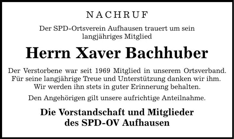 Traueranzeige Xaver Bachhuber