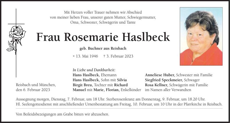 Traueranzeige Rosemarie Haslbeck
