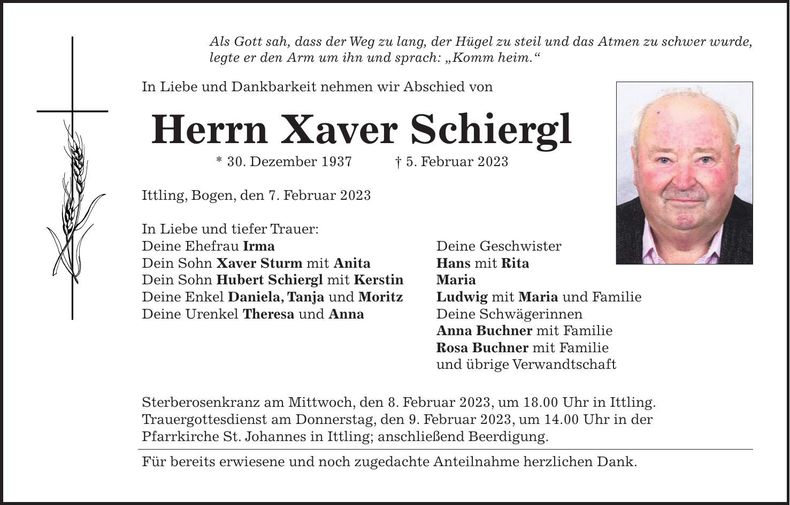 Traueranzeige Xaver Schiergl