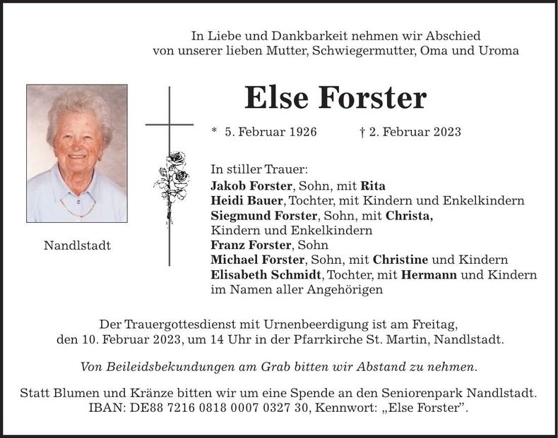 Traueranzeige Else Forster