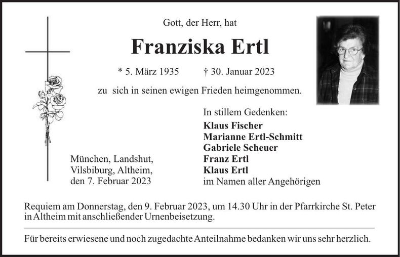 Traueranzeige Franziska Ertl