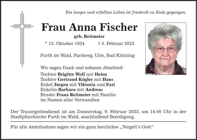 Traueranzeige Anna Fischer