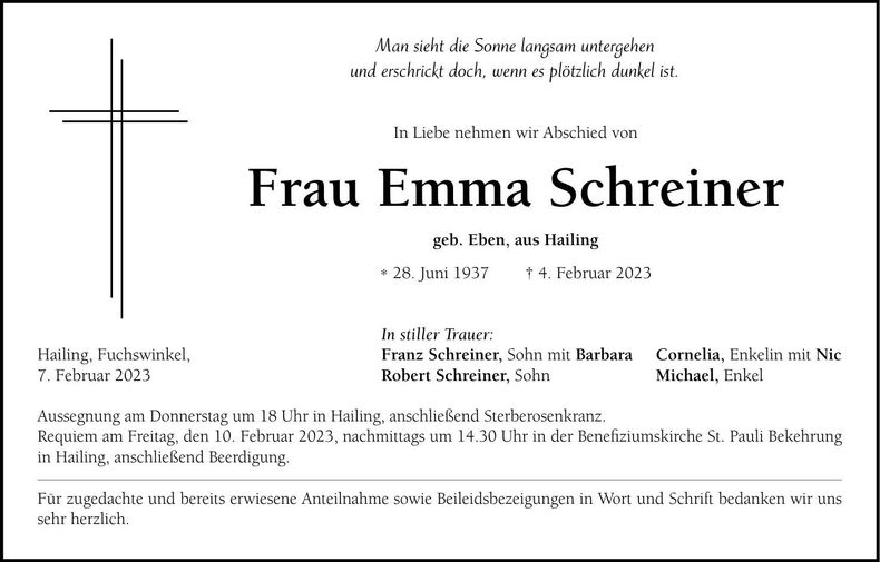 Traueranzeige Emma Schreiner