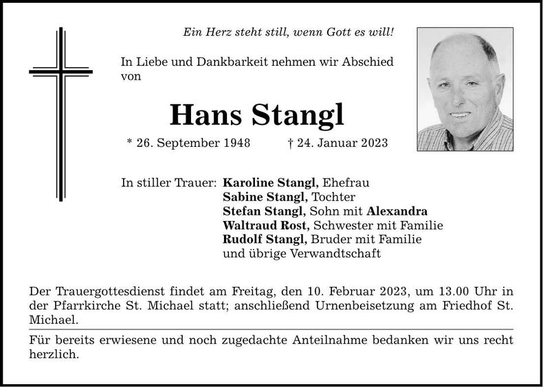 Traueranzeige Hans Stangl