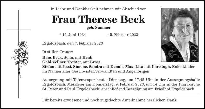 Traueranzeige Therese Beck
