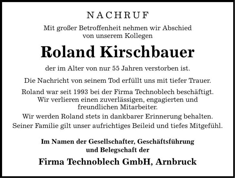 Traueranzeige Roland Kirschbauer