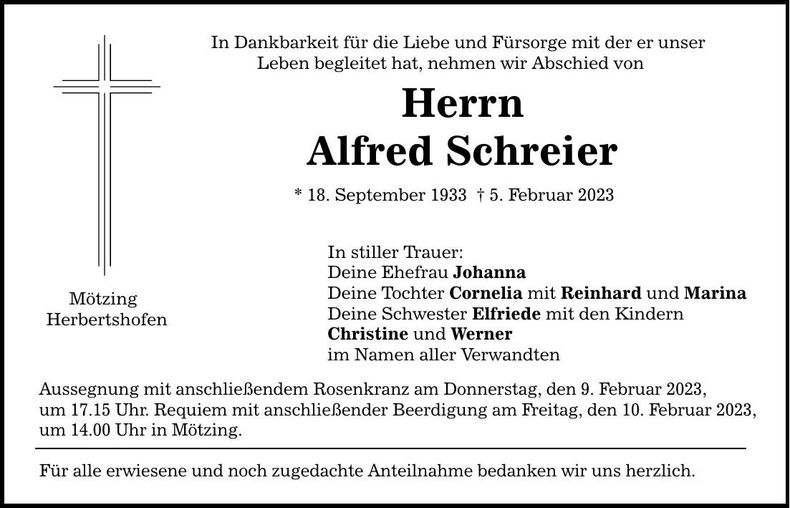 Traueranzeige Alfred Schreier
