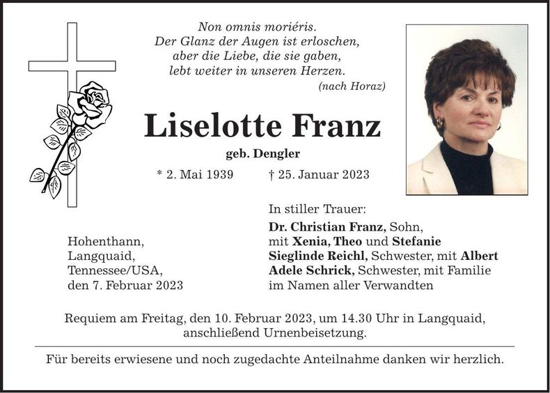 Traueranzeige Liselotte Franz