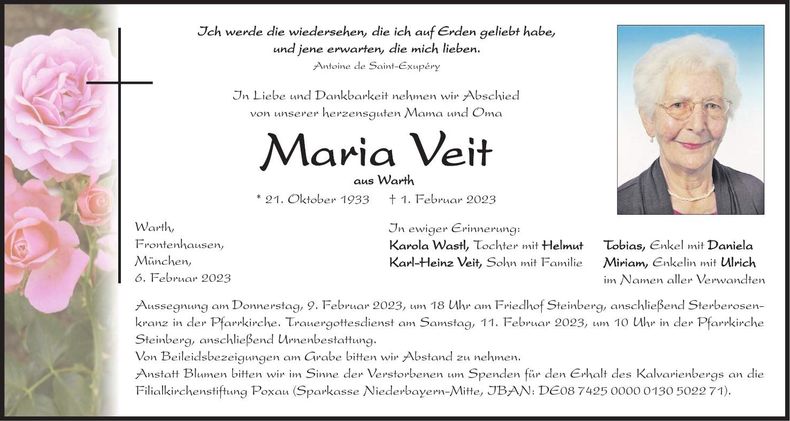 Traueranzeige Maria Veit