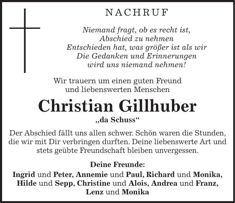 Traueranzeige Christian Gillhuber