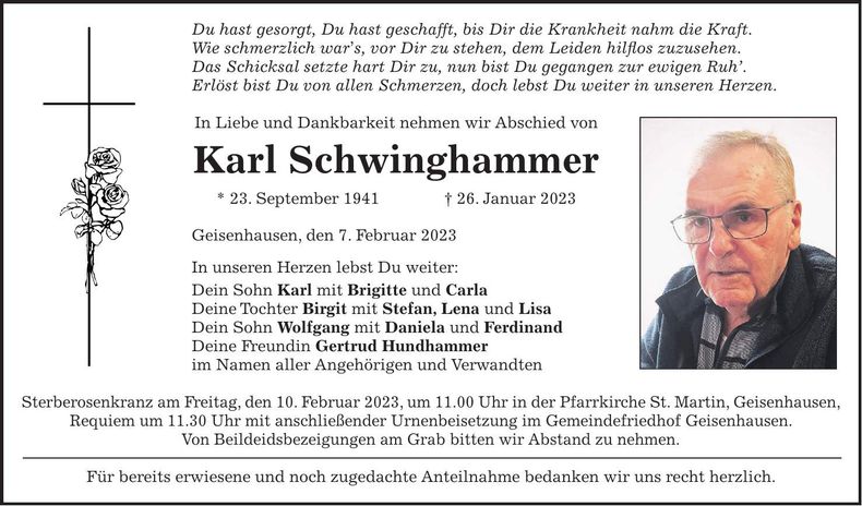 Traueranzeige Karl Schwinghammer
