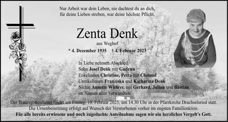 Traueranzeige Zenta Denk