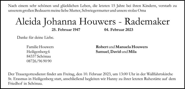 Traueranzeige Aleida Johanna Houwers-Rademaker