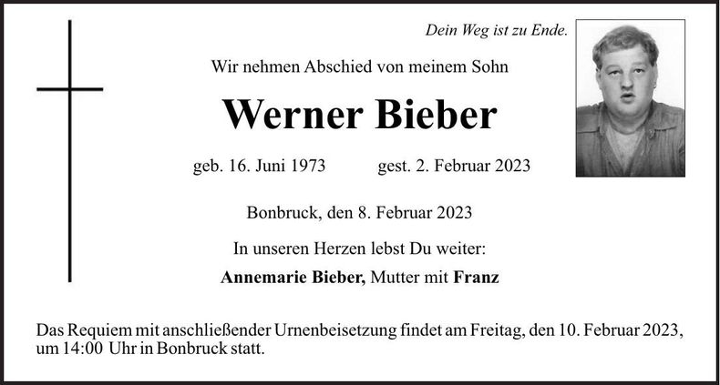 Traueranzeige Werner Bieber