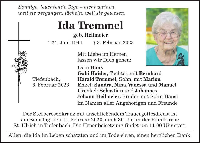 Traueranzeige Ida Tremmel