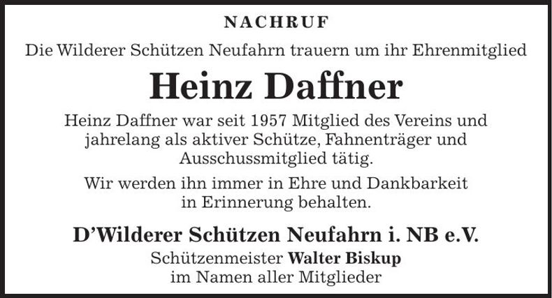 Traueranzeige Heinz Daffner