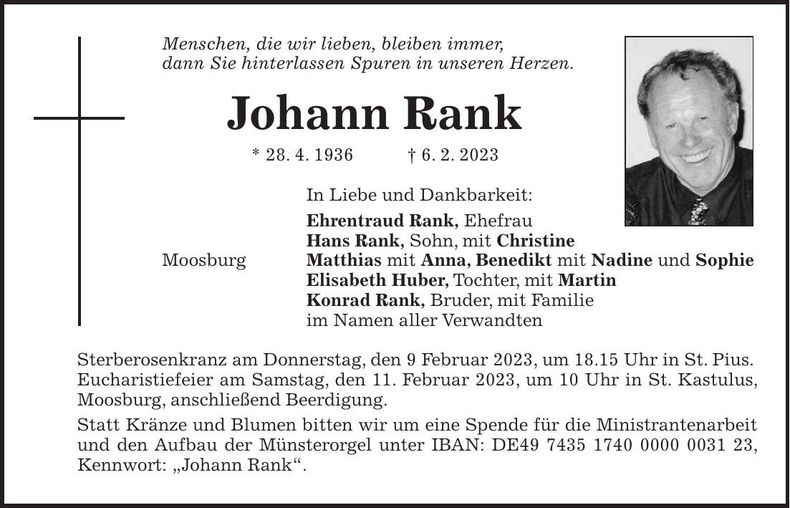 Traueranzeige Johann Rank