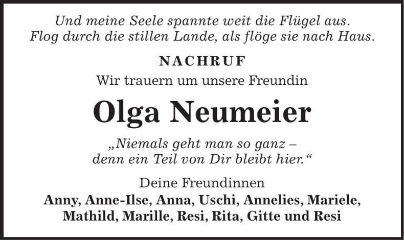 Traueranzeige Olga Neumeier