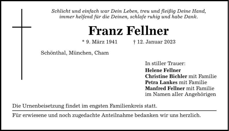 Traueranzeige Franz Fellner