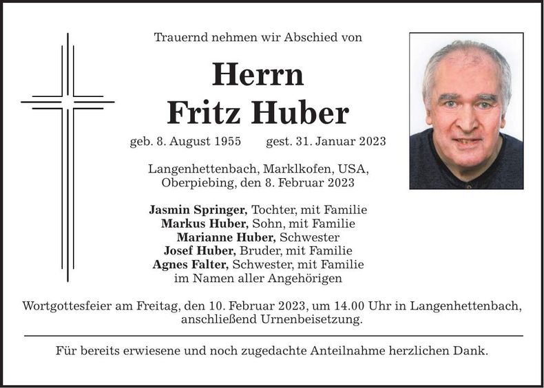 Traueranzeige Fritz Huber