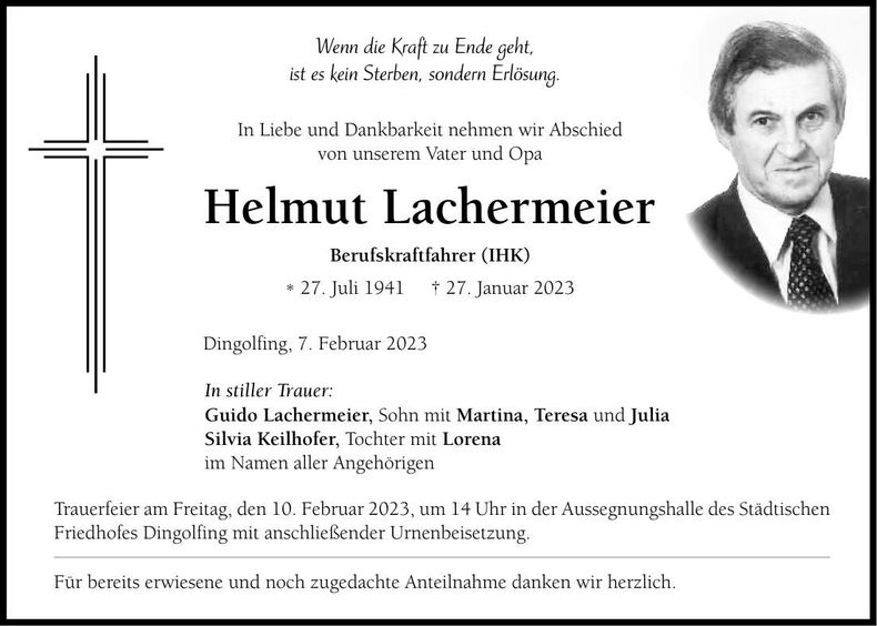 Traueranzeige Helmut Lachermeier