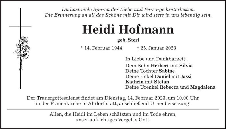 Traueranzeige Heidemarie Hofmann