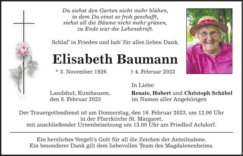 Traueranzeige Elisabeth Baumann