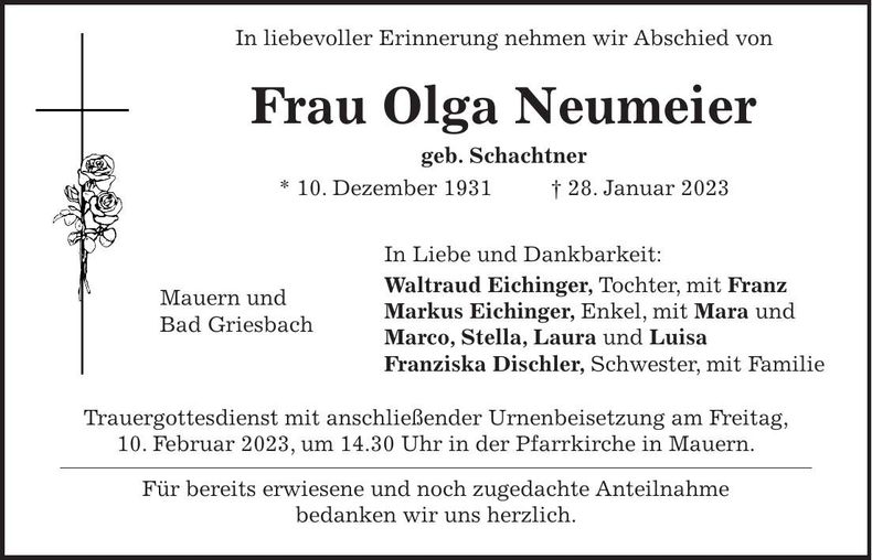 Traueranzeige Olga Neumeier
