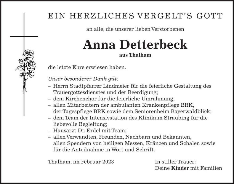 Traueranzeige Anna Detterbeck