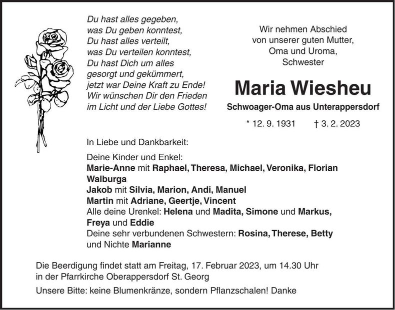 Traueranzeige Maria Wiesheu