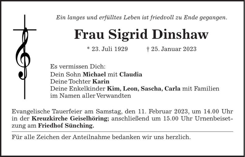 Traueranzeige Sigrid Dinshaw