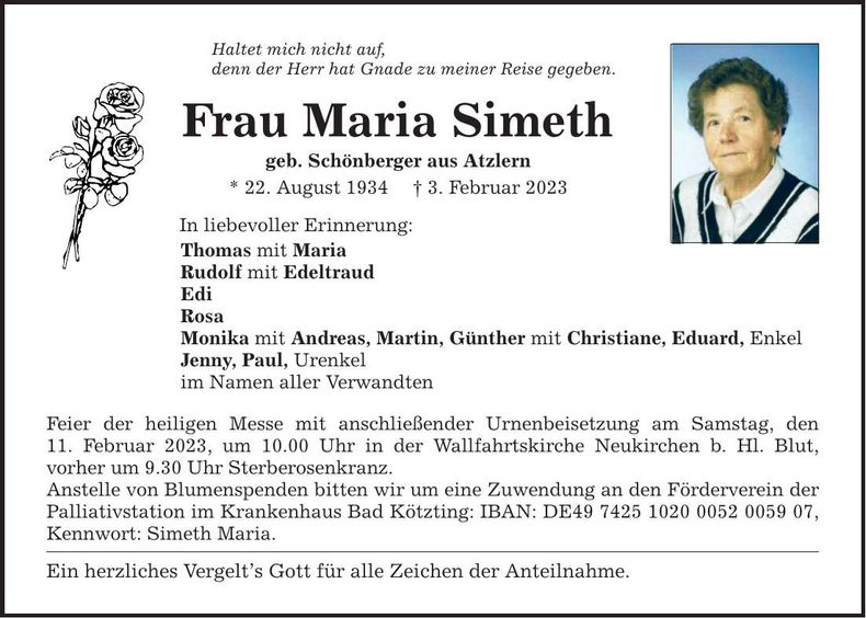 Traueranzeige Maria Simeth