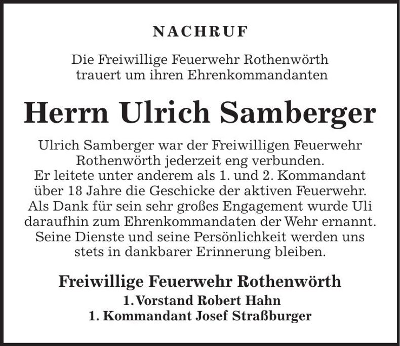 Traueranzeige Ulrich Samberger