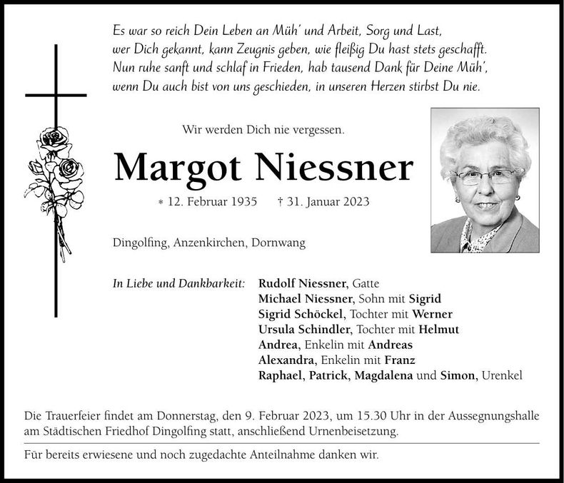 Traueranzeige Margot Niessner