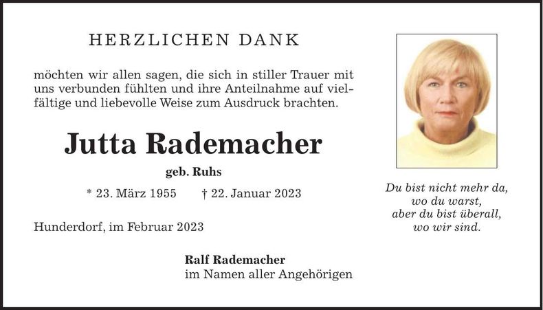 Traueranzeige Jutta Rademacher