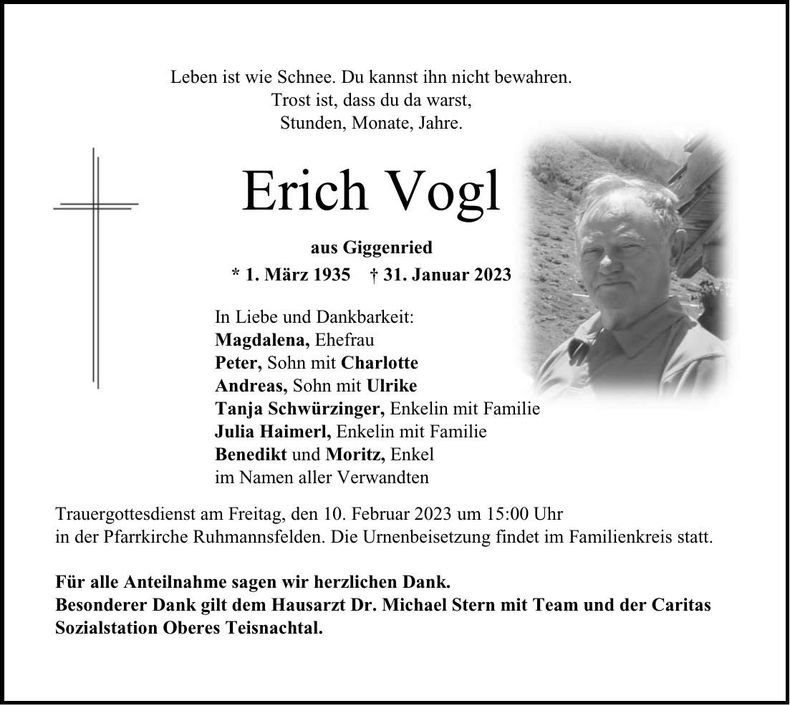 Traueranzeige Erich Vogl
