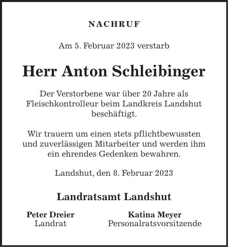 Traueranzeige Anton Schleibinger