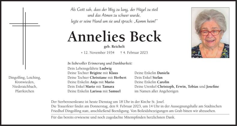 Traueranzeige Annelies Beck