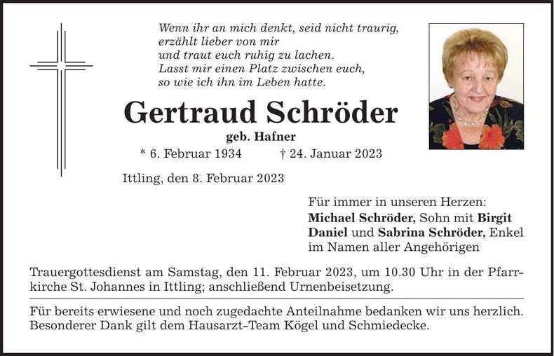 Traueranzeige Gertraud Schröder