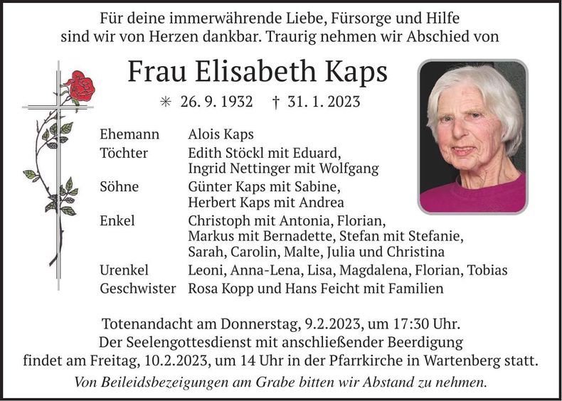 Traueranzeige Elisabeth Kaps