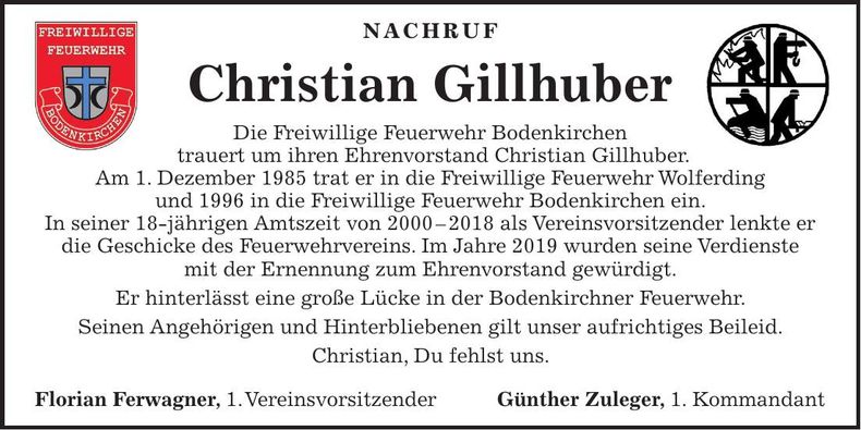 Traueranzeige Christian Gillhuber