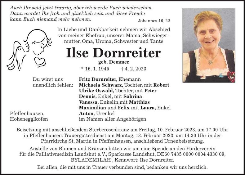 Traueranzeige Ilse Dornreiter