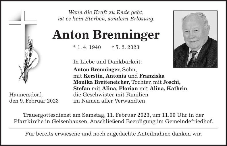 Traueranzeige Anton Brenninger